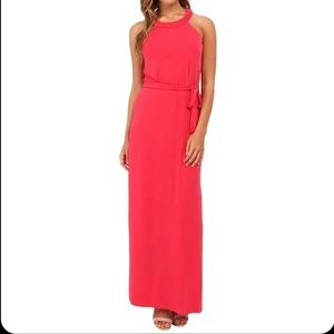 Lipstick Red maxi dress by BCBGMaxAzria Medium halter neck side slit full length